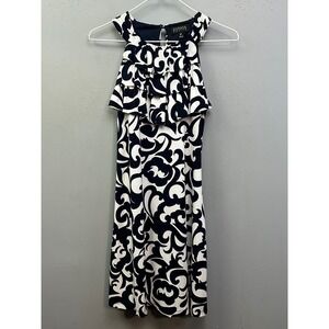 Enfocus Petite Dress Women 4P Blue White Scroll Ruffle Halter Sheath Short